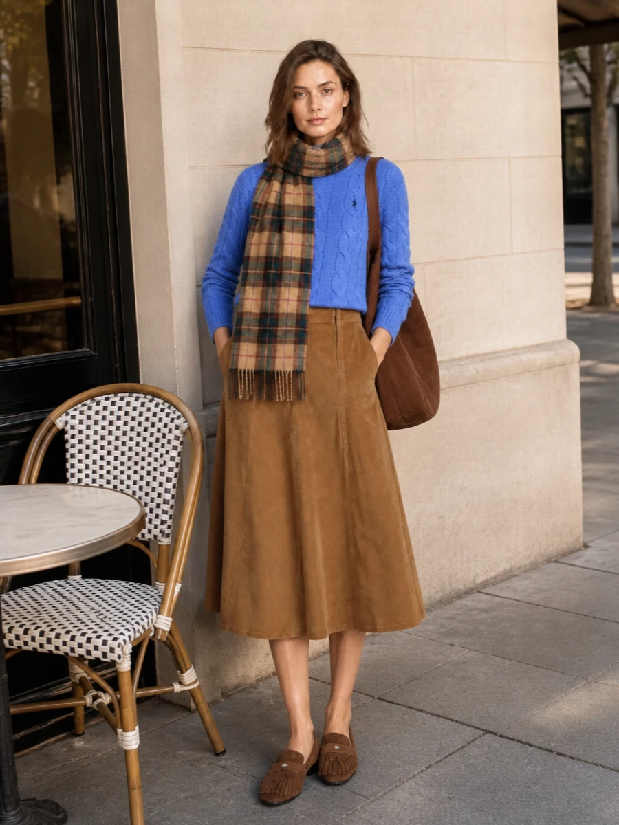 Polo ralph lauren cable sweater camel midi skirt