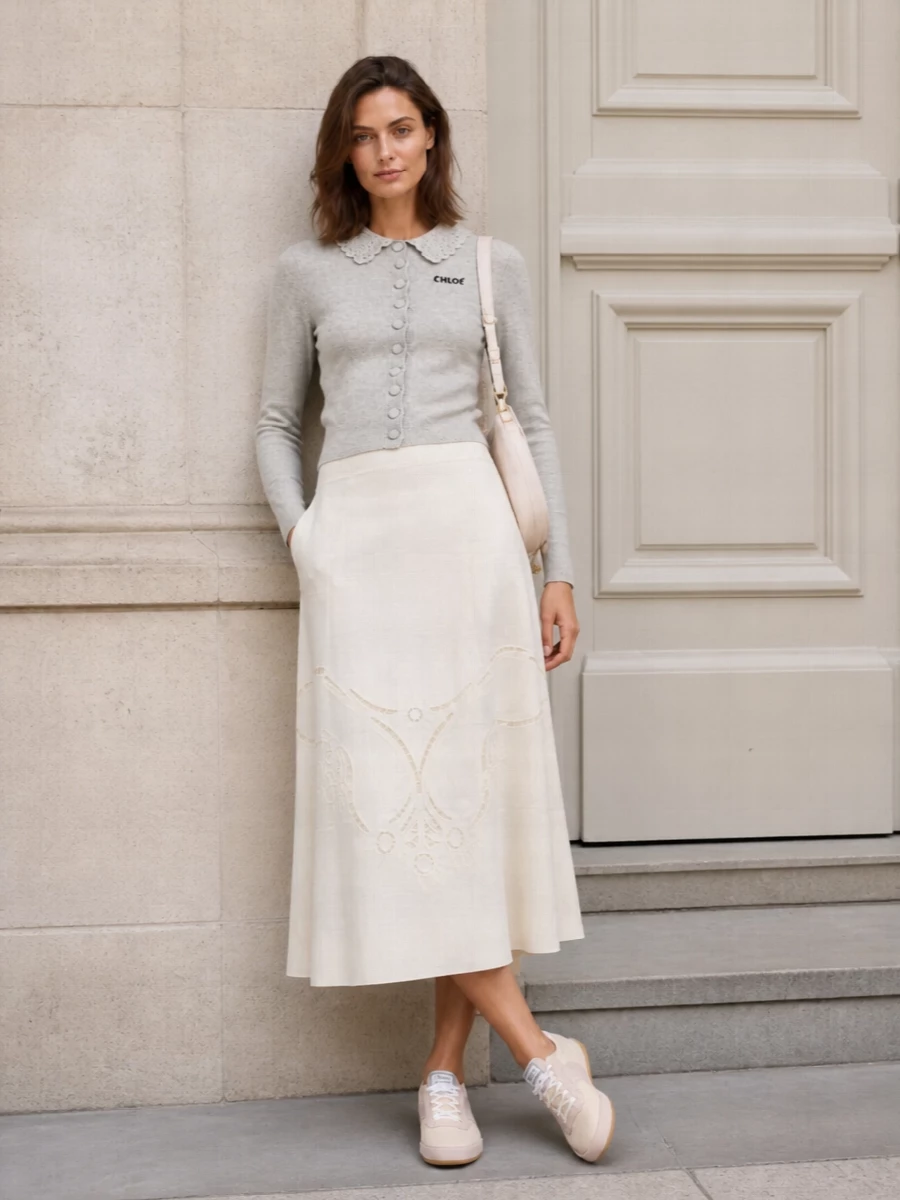 Chloe grey cardigan ivory midi skirt outfit