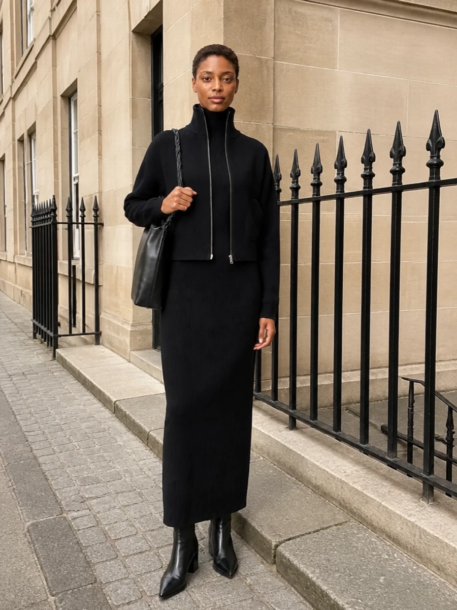 Jil sander bag black knit dress ankle boots