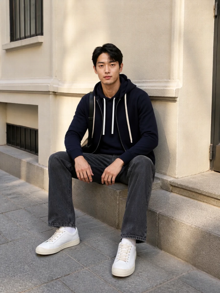 Jil sander navy hoodie charcoal jeans outfit