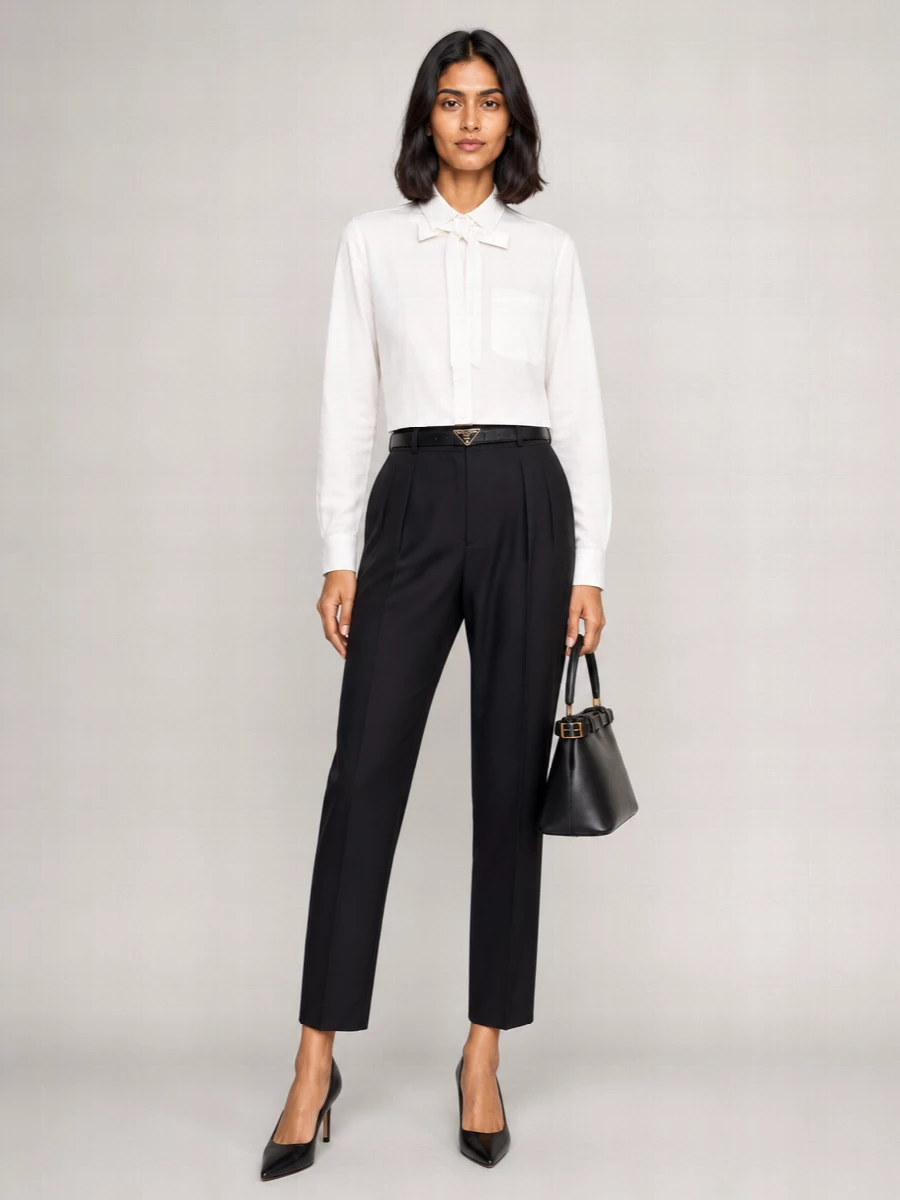 Prada’s cropped ivory shirt is sharpened with high-rise black tailoring for a clean, elongated line. Pointed black pumps and a structured top-handle bag hold the palette to incisive monochrome, letting the neck tie detail do the talking. A slim logo belt finishes the waist with just enough definition for client meetings that stretch into late dinners.