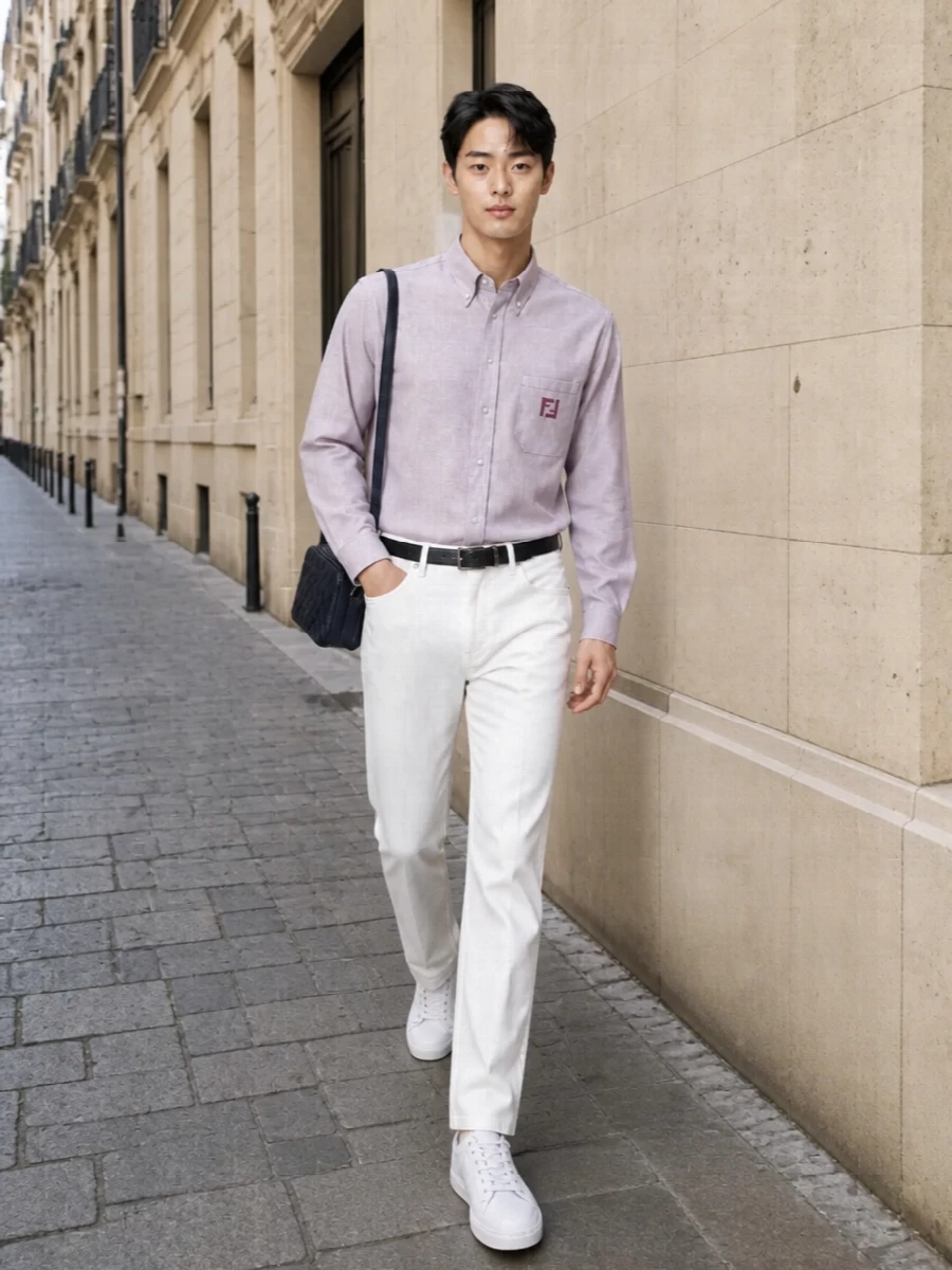 Fendi lilac shirt off white trousers outfit