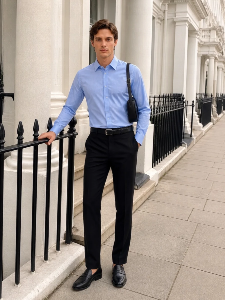 Jacquemus black trousers blue shirt prada loafers
