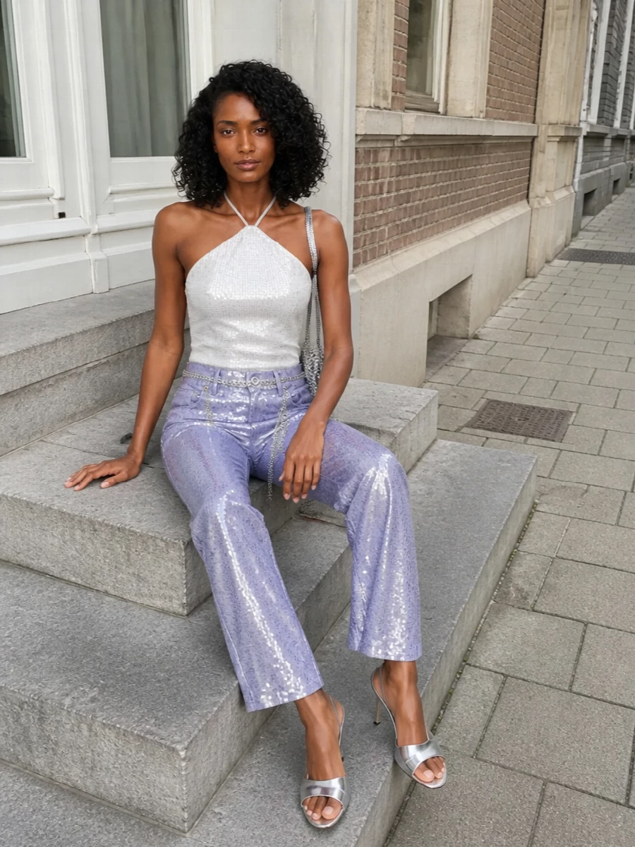 Parosh sequin trousers silver heels chain bag