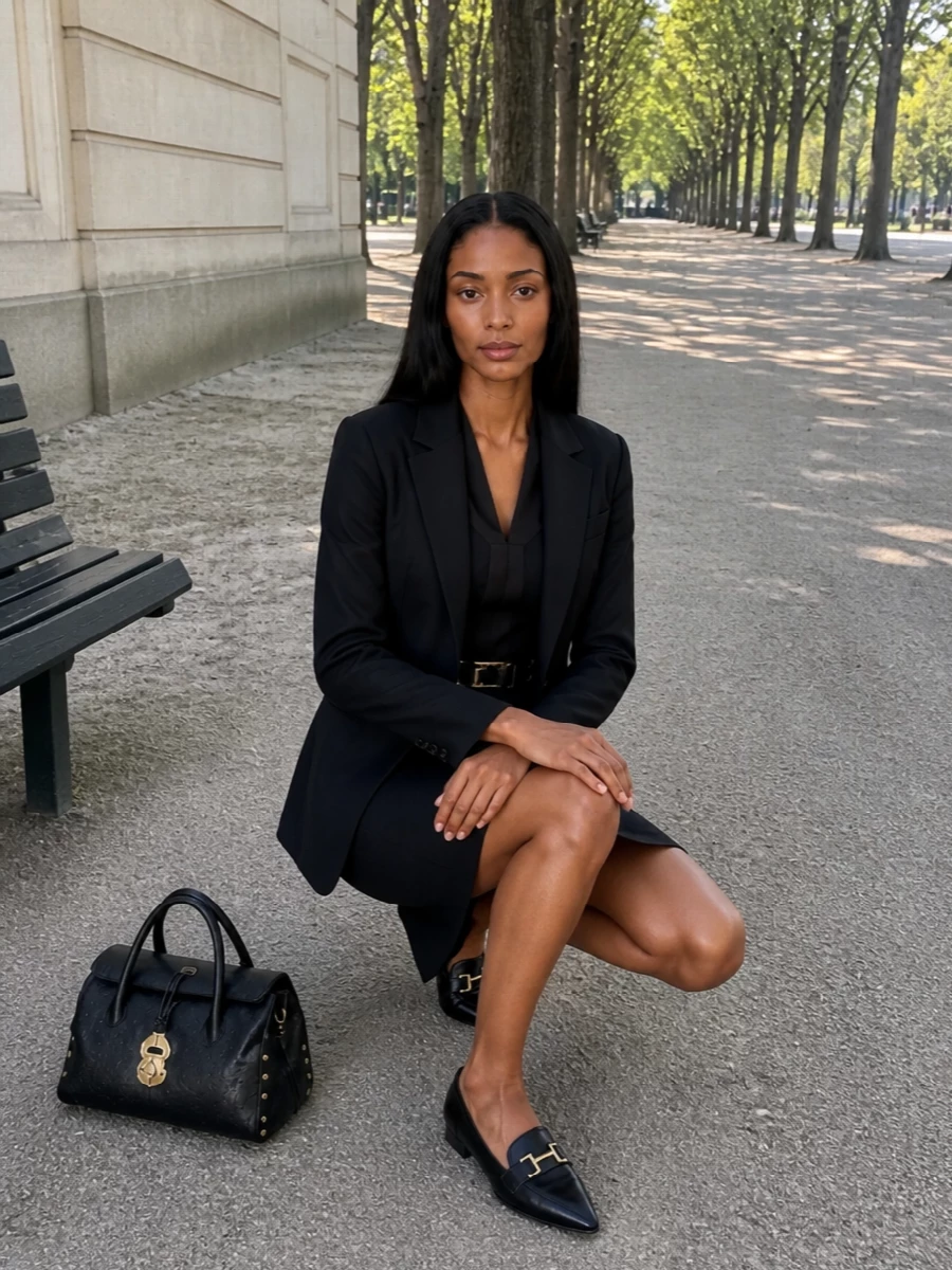 I’m anchoring this around the dress rather than top and trouser, because the blazer-style black dress gives a stronger, more intentional column under the Pt Torino jacket without duplicating tailoring details. The result is a clean, dark palette of sharp lines, grounded by pointed Tod’s loafers and a sculpted Zanellato top-handle that reads powerful yet quiet for serious days and polished evenings. Hardware stays minimal and gold-toned, so everything feels considered rather than over-styled.