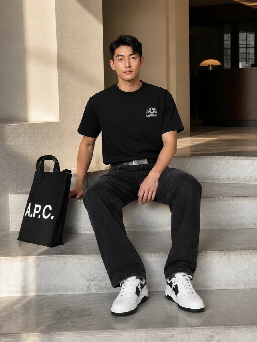 Off white black tee faded black jeans outfit