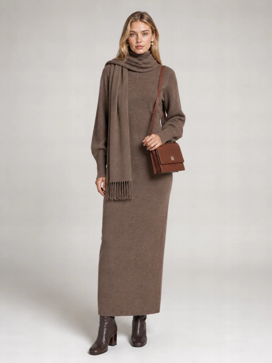 Max Mara cashmere virgin wool maxi long-sleeve stand-collar knitted dress