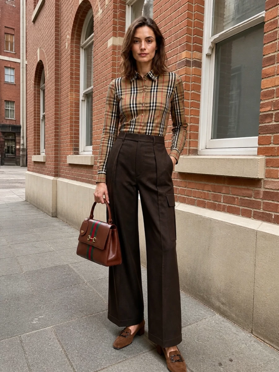 A heritage-rich Burberry check shirt tucked into dark chocolate wide-leg tailoring creates a quietly assured base that speaks fluently to the Gucci horsebit bag’s equestrian roots. The warm camel and deep brown palette stays cohesive without feeling flat, while the easy volume of the trouser keeps the preppy suiting elements relaxed rather than severe. Chestnut block-heel loafers finish it with a subtle height and a softly polished, all-day city energy.