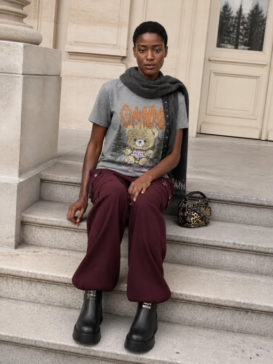 Ganni graphic tee burgundy cargo trousers outfit
