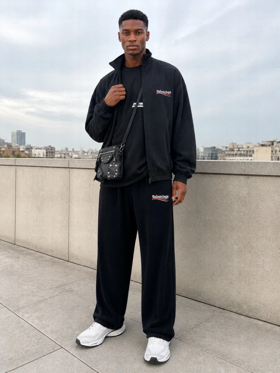 Balenciaga mens black track jacket wide pants