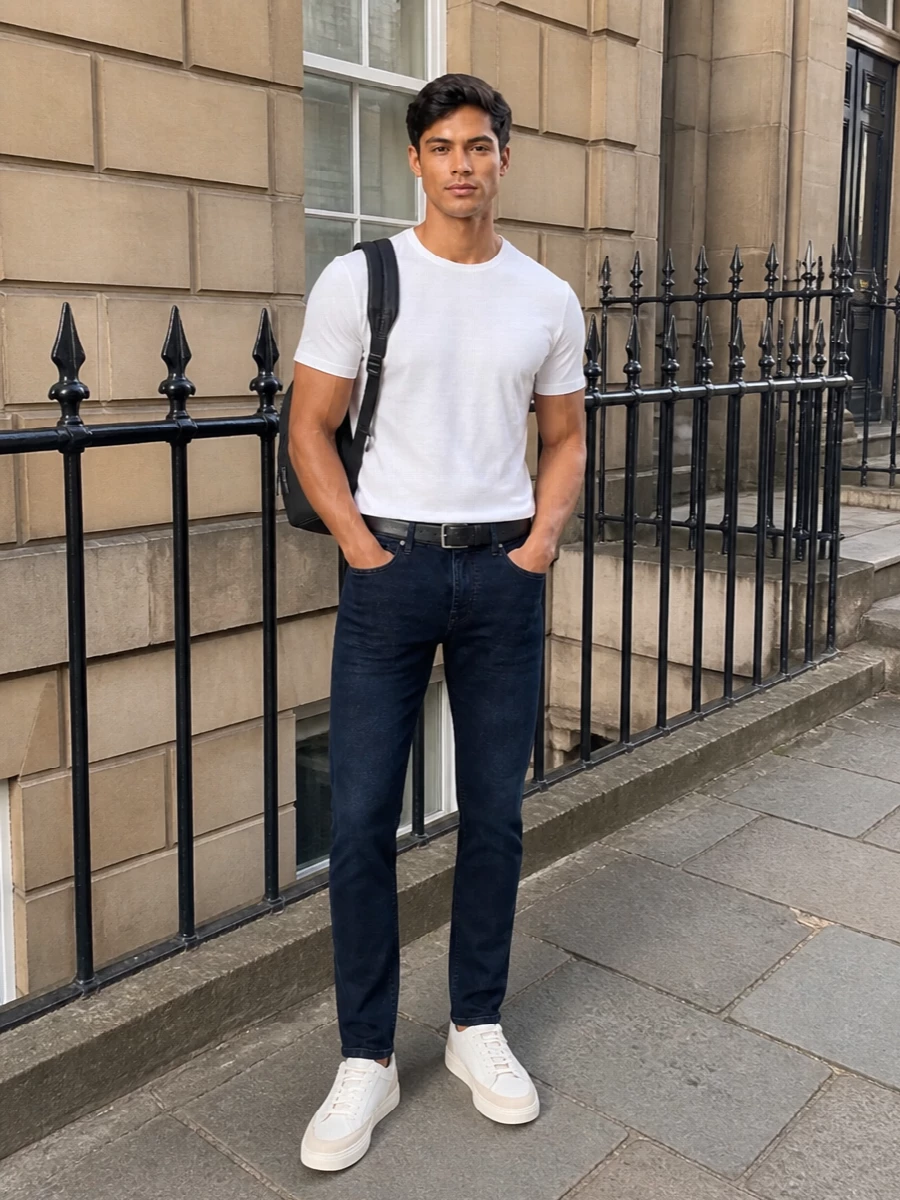 Boss white tee dark jeans cream sneakers