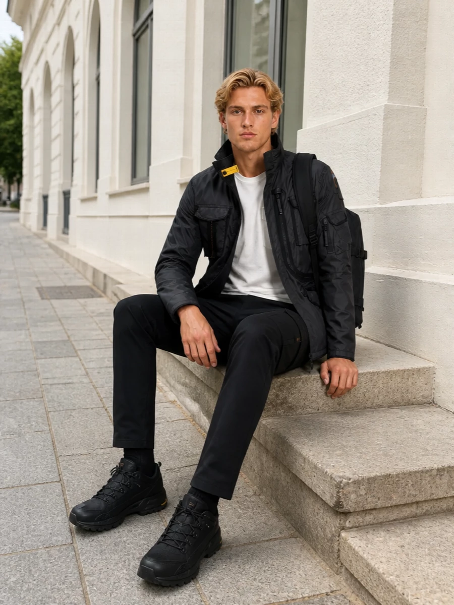 Parajumpers utility jacket black cargo pants outfit