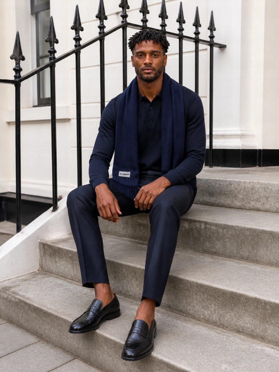 John smedley navy polo jil sander trouser prada loafer
