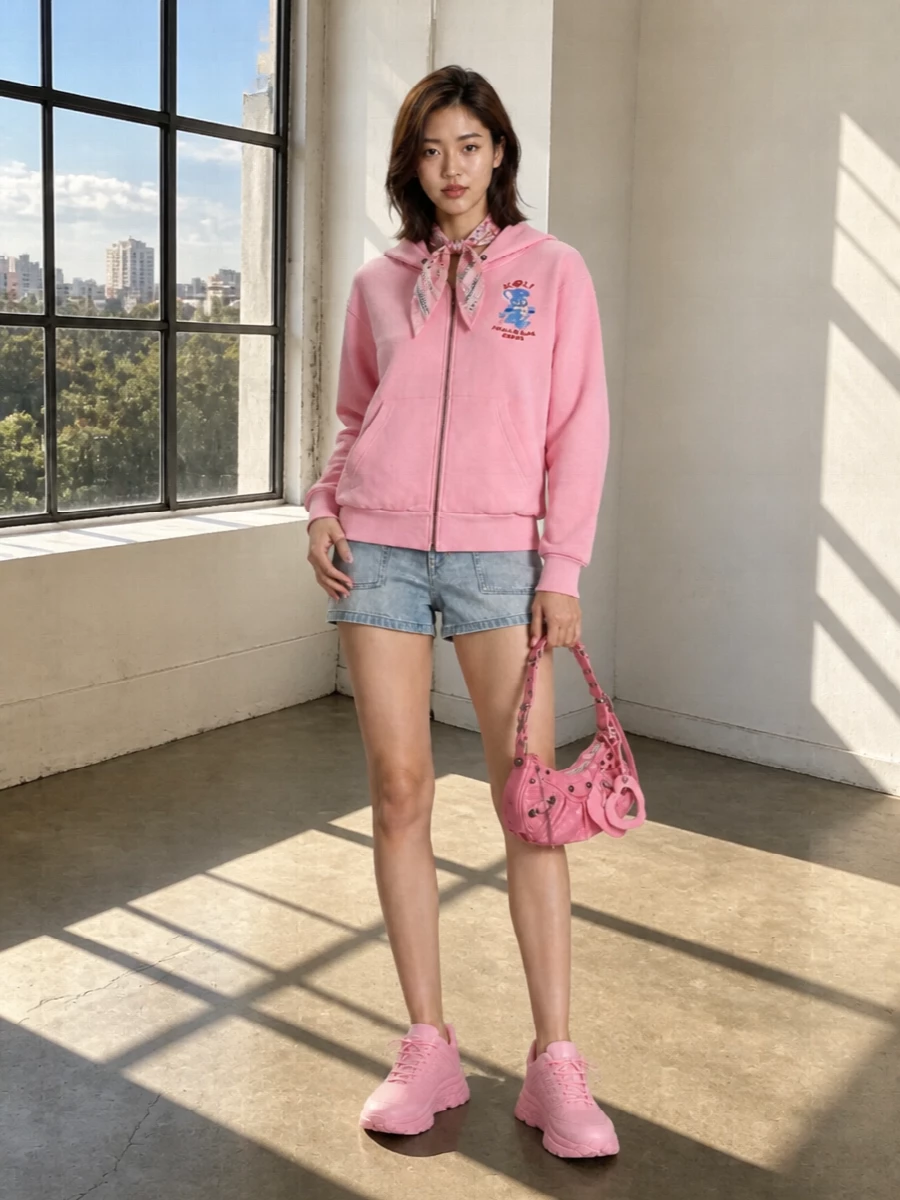 Kenzo pink hoodie denim shorts balenciaga bag