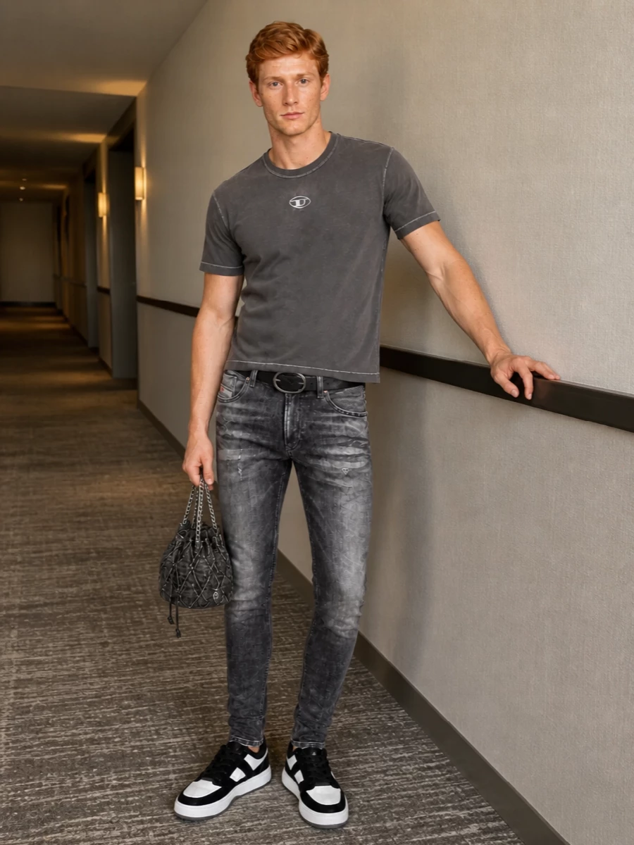 Diesel grey skinny jeans charcoal tee sneakers