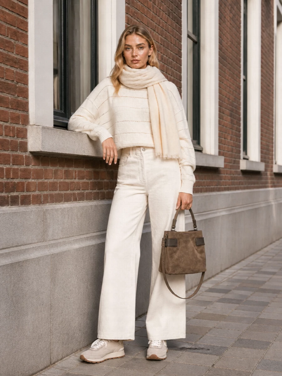 Brunello cucinelli ivory sweater wide leg denim