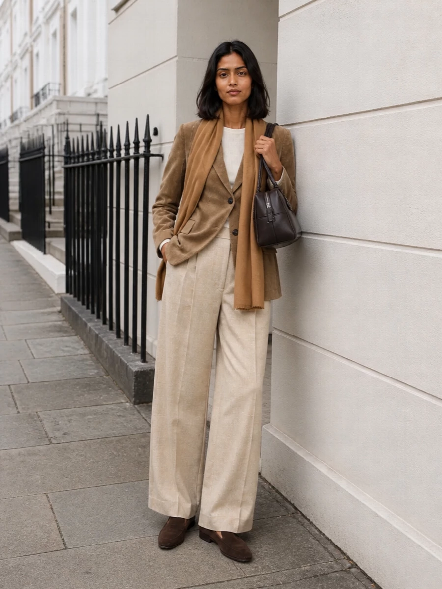 A camel corduroy blazer sits over high waisted light beige wide leg trousers for a soft, elongated column in tonal neutrals. Chocolate suede loafers and an espresso top handle bag ground the palette and keep the mood polished yet relaxed for city days and low key dinners.