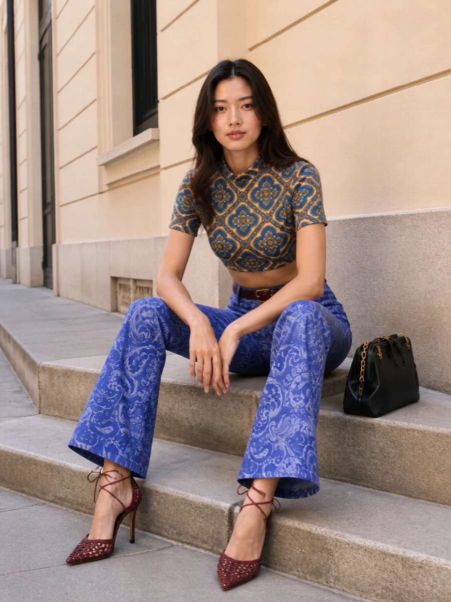 Etro blue cropped top paisley flared trousers outfit