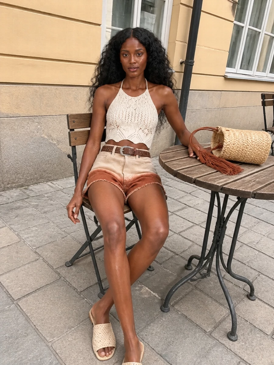 A soft-focus coastal palette of sand, rust and ivory keeps this Alanui pairing relaxed yet intentional for warm days. The crochet halter and raffia slide combination leans into texture over print, while the braided belt and structured straw tote ground the shorts in a quietly polished, boho streetwear mood. Ideal for city markets, seaside terraces and everything in between.