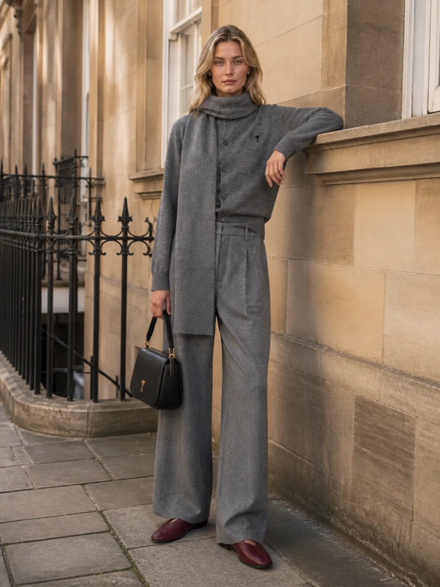 Ami paris grey cardigan wide leg trousers outfit