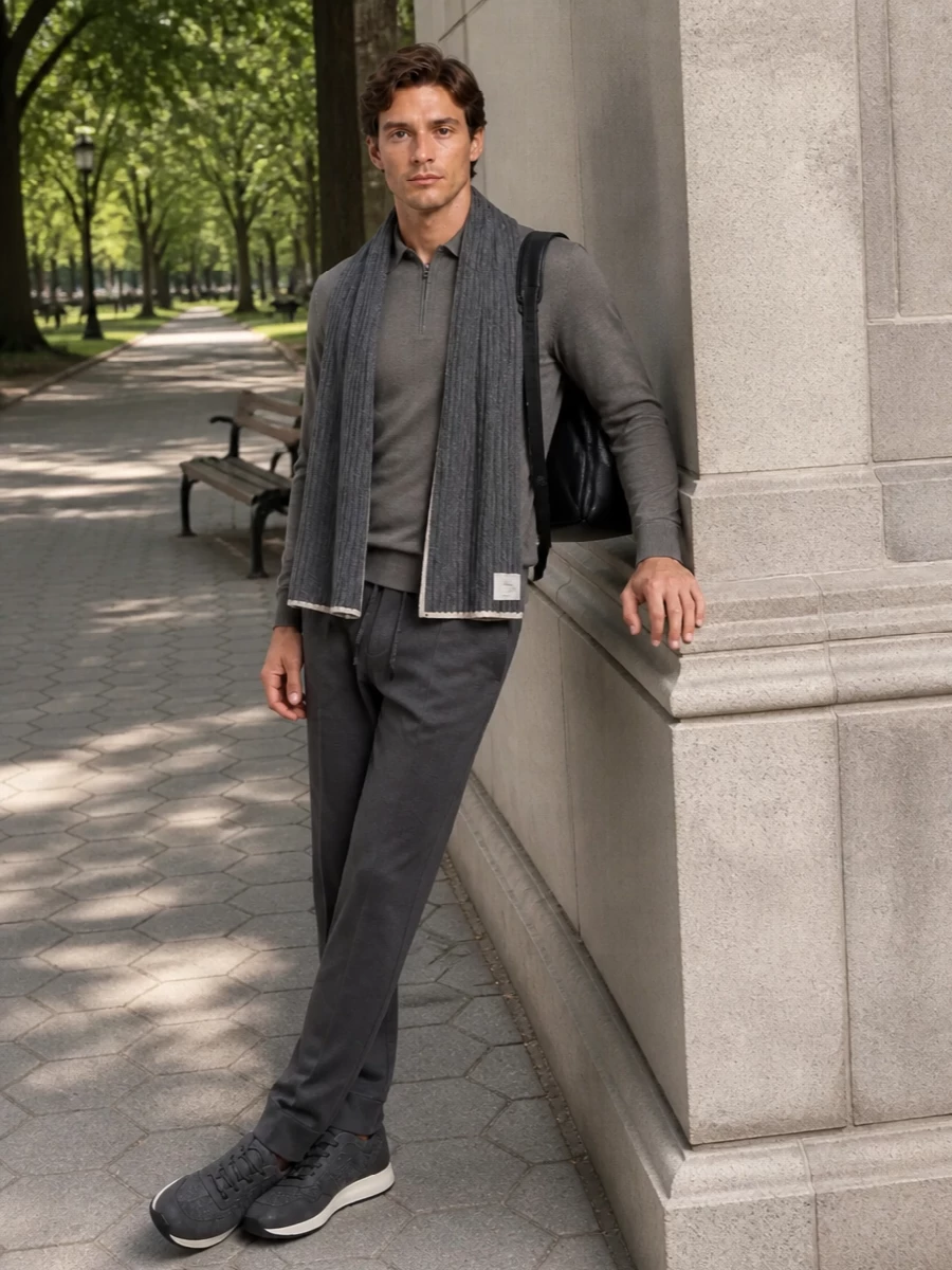 Brioni charcoal joggers taupe zip polo tods sneakers