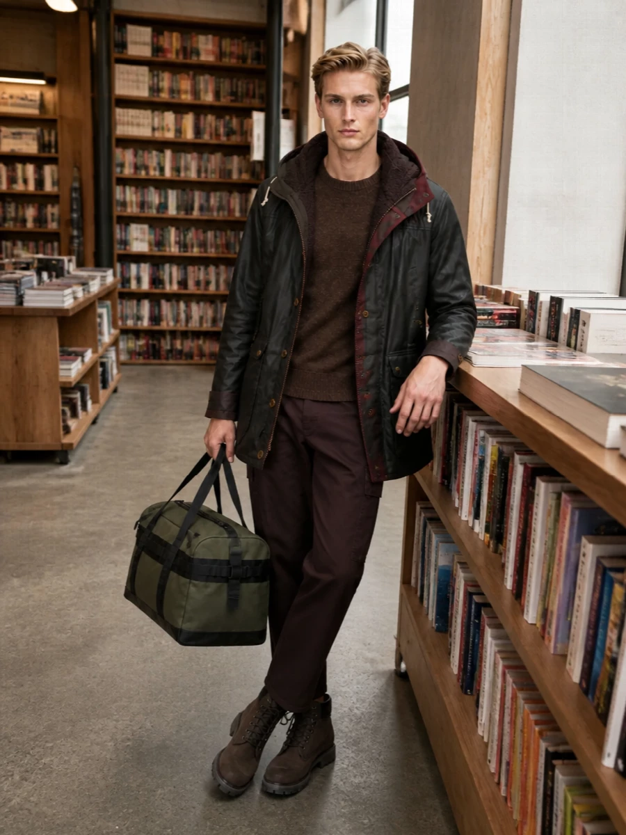 Barbour parka brown cargos timberland boots