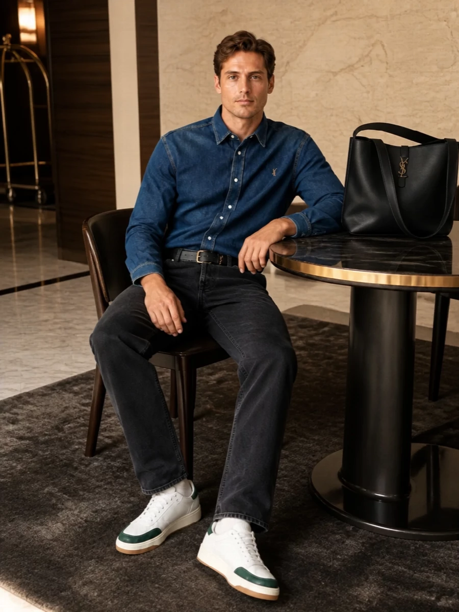 Saint laurent denim shirt black jeans sneakers