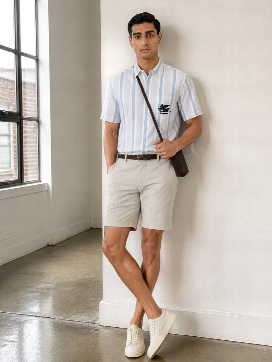 Etro striped shirt stone chino shorts tods sneakers