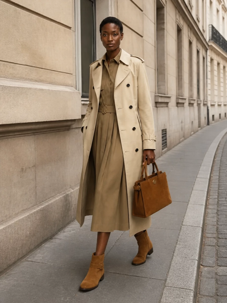 This look leans fully into Burberry’s trench heritage by pairing the long pale-beige coat with a camel belted trench-style midi dress, creating a clean, tonal column that feels quietly authoritative. Camel suede ankle boots and a caramel suede top-handle bag echo each other and ground the palette, emphasizing texture over logos for a modern, SS-appropriate take on classic British polish. Choosing the dress route rather than shirt-and-trouser keeps the silhouette streamlined and lets the outerwear remain the hero without visual noise from additional checks.