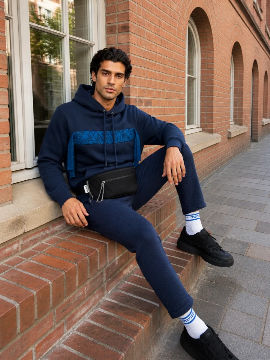 Navy on navy keeps this read calm and deliberate, with the sculptural Lanvin hoodie playing against subtly patterned track pants for a rich, logo-aware street take. Black tonal sneakers and a low-profile belt bag keep everything streamlined, while the striped socks offer a quiet color echo rather than another statement. The result is relaxed and sport driven, but still sharp enough for a city day that runs long.