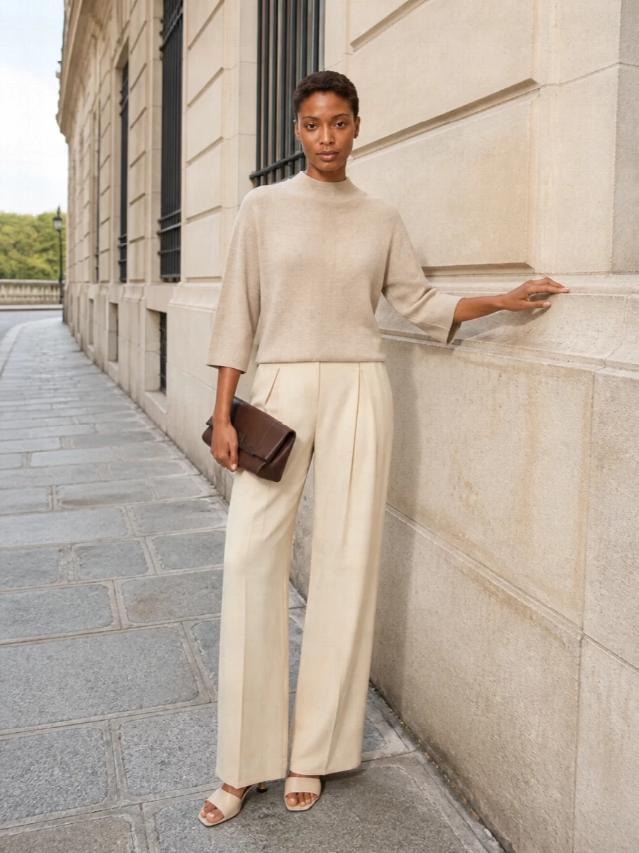 Max mara beige knit buttercream wide leg trousers