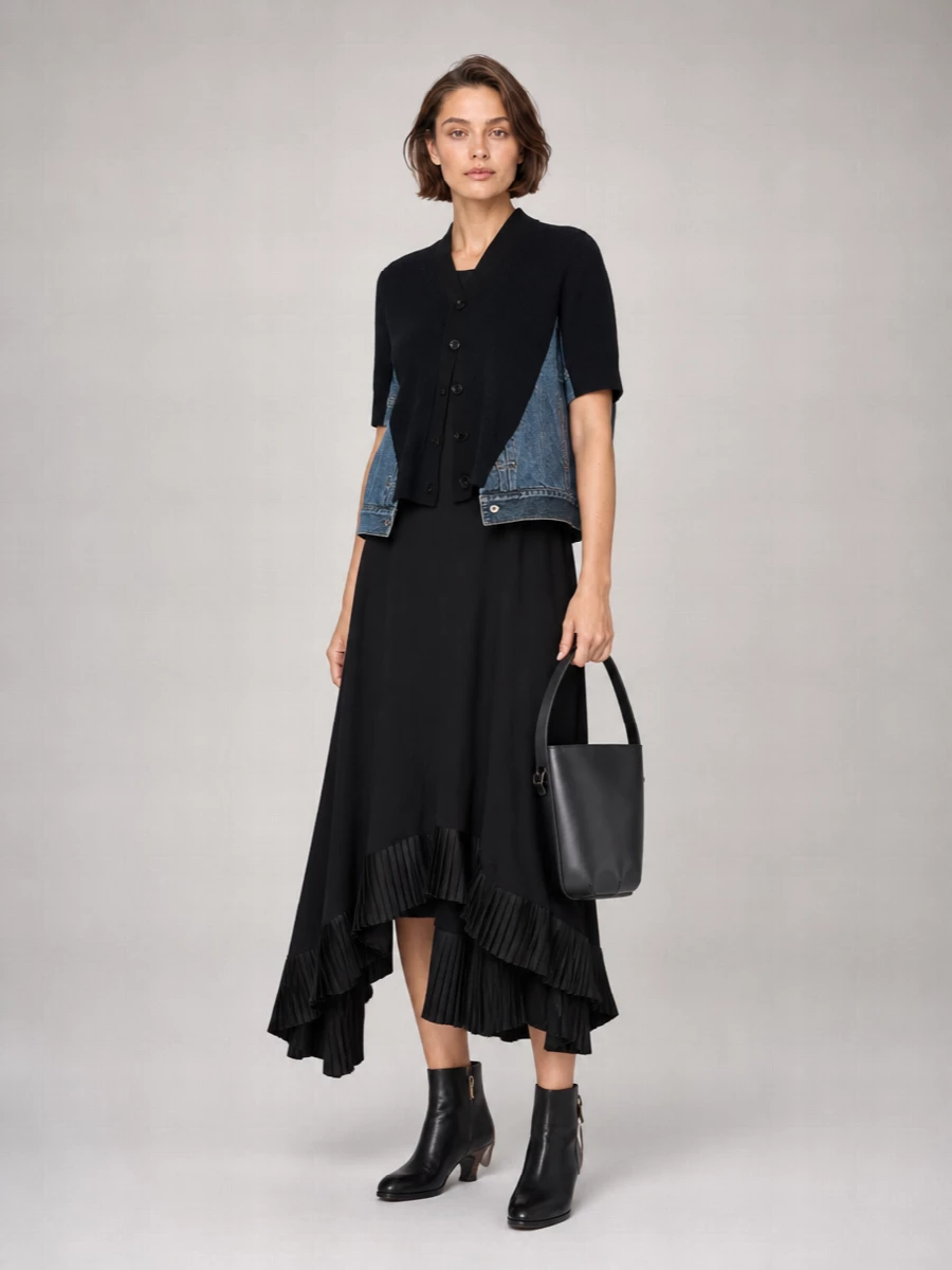 Sacai Denim Knit Cropped V-Neck Short-Sleeve Cardigan