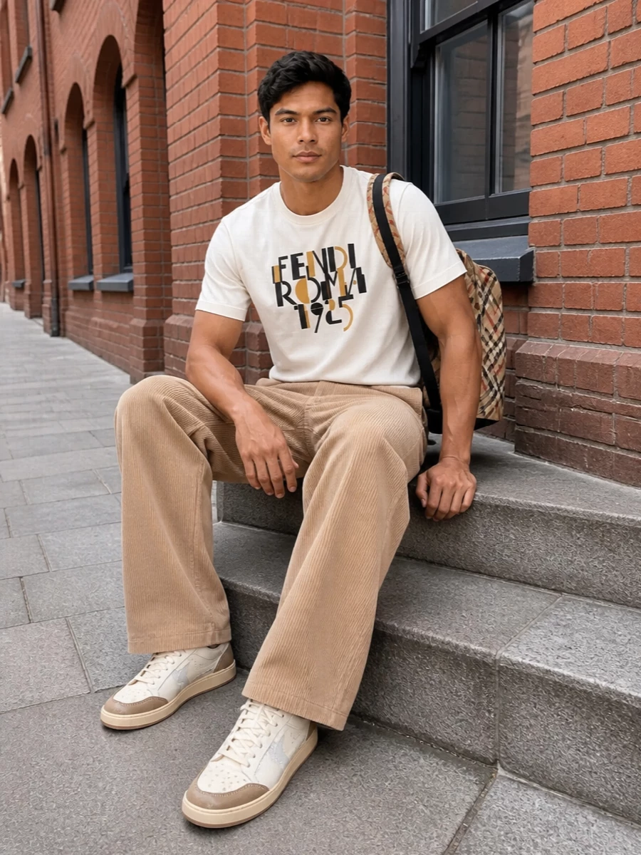 Buttercream and camel sit in a soft conversation here, with the Fendi graphic tee grounded by wide-leg corduroy for a relaxed yet quietly precise silhouette. Distressed cream sneakers keep the mood easy and lived-in, while the structured check backpack adds a clear point of polish. It is a street-informed take on preppy neutrals that still feels considered enough for gallery afternoons or casual dinners.