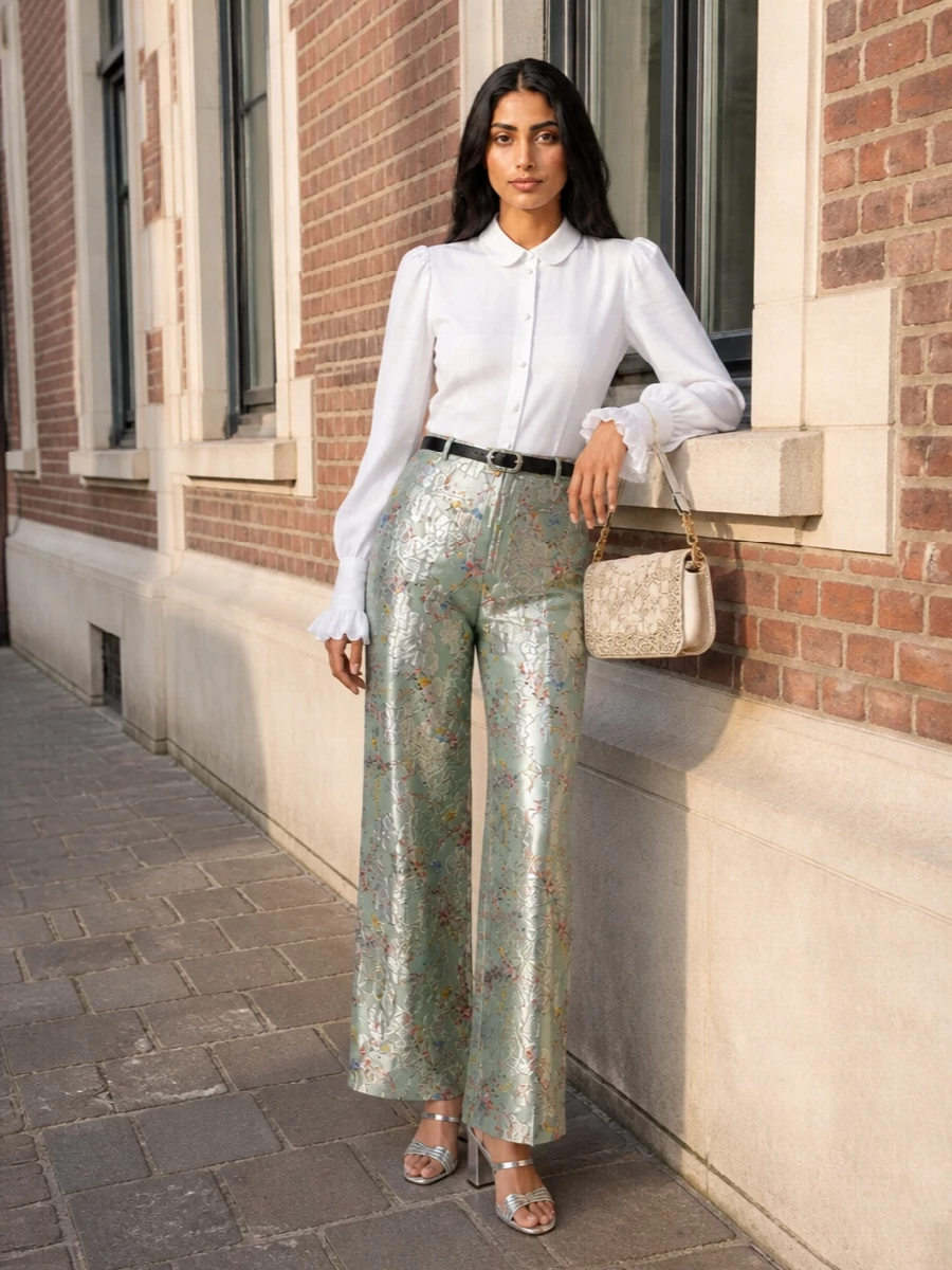Valentino metallic floral trousers white blouse