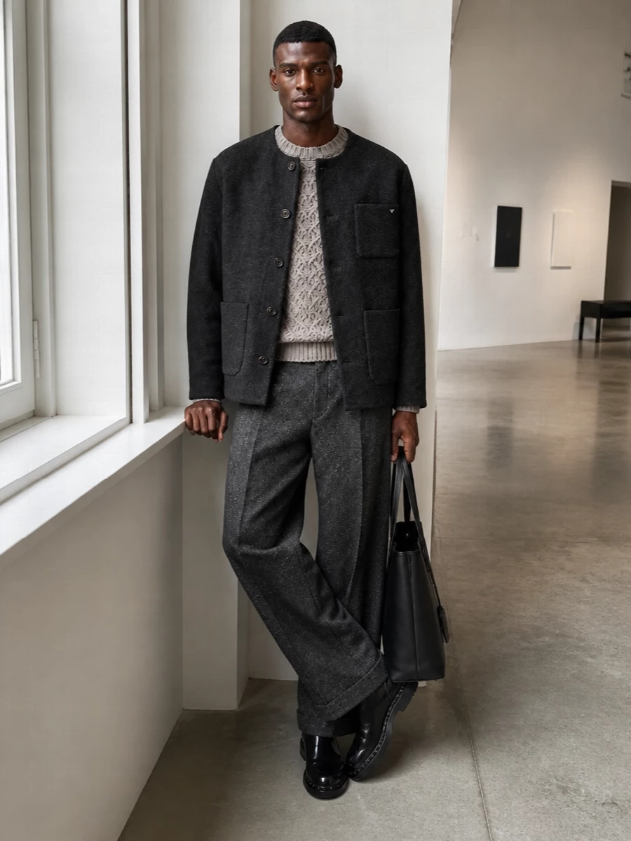 Valentino Garavani’s charcoal chore jacket sits over a textured taupe knit and high-waisted wide-leg trouser, giving a calm, architectural line in layered neutrals. A sleek black Chelsea boot and structured black tote keep the proportions grounded and purposeful, perfect for a modern city uniform that reads considered from office hours into late dinners.