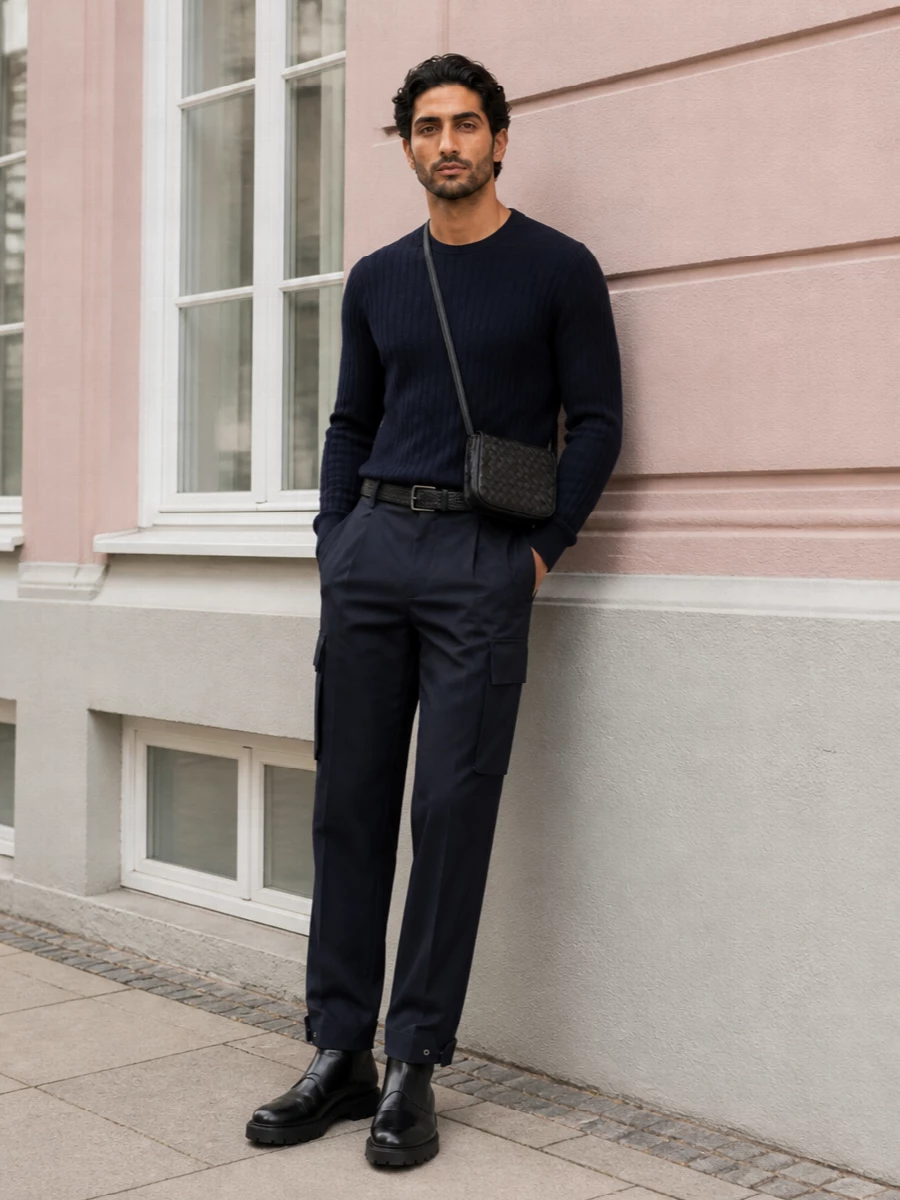 Bottega veneta navy cargo trousers ribbed sweater