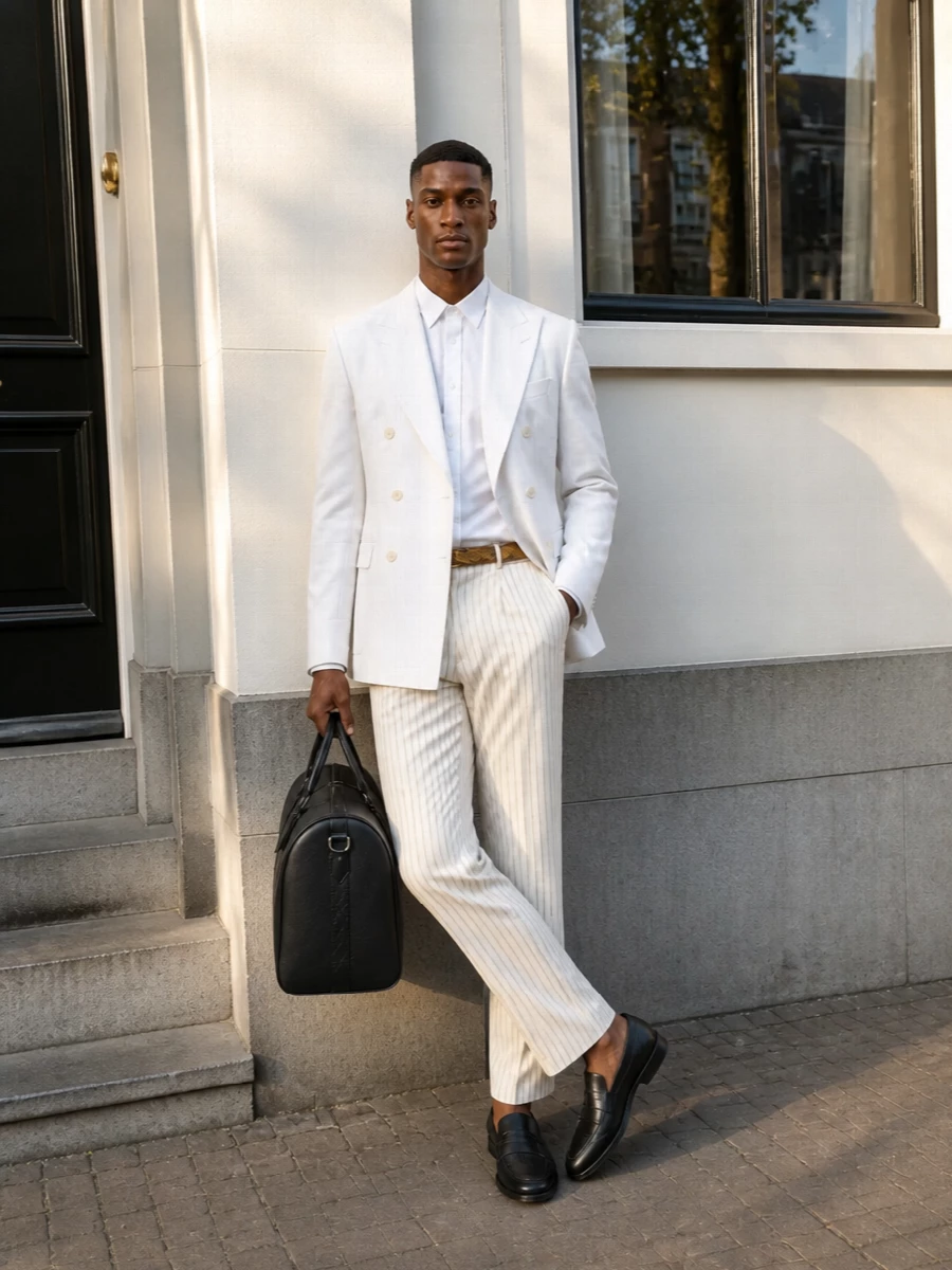 Dolce gabbana white blazer cream pinstripe trousers