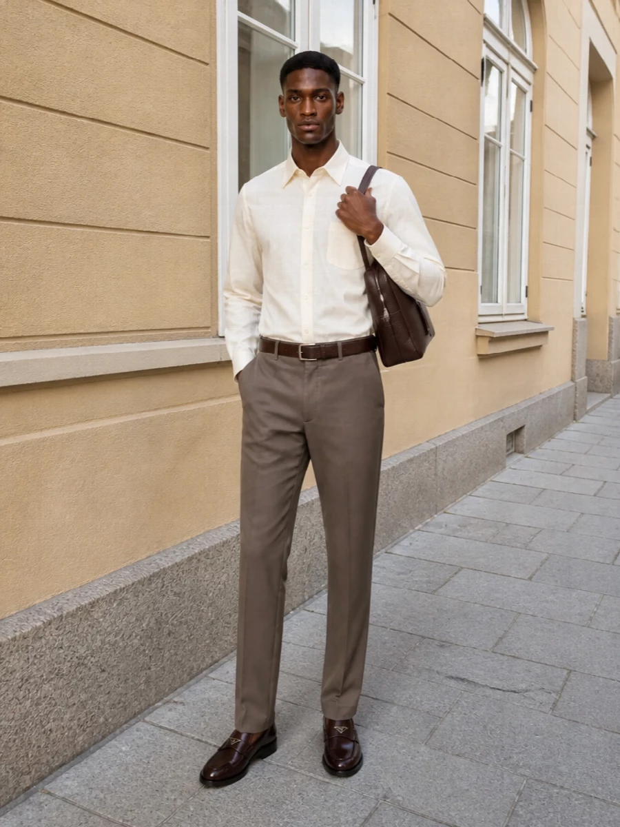 Prada taupe trouser buttercream shirt outfit
