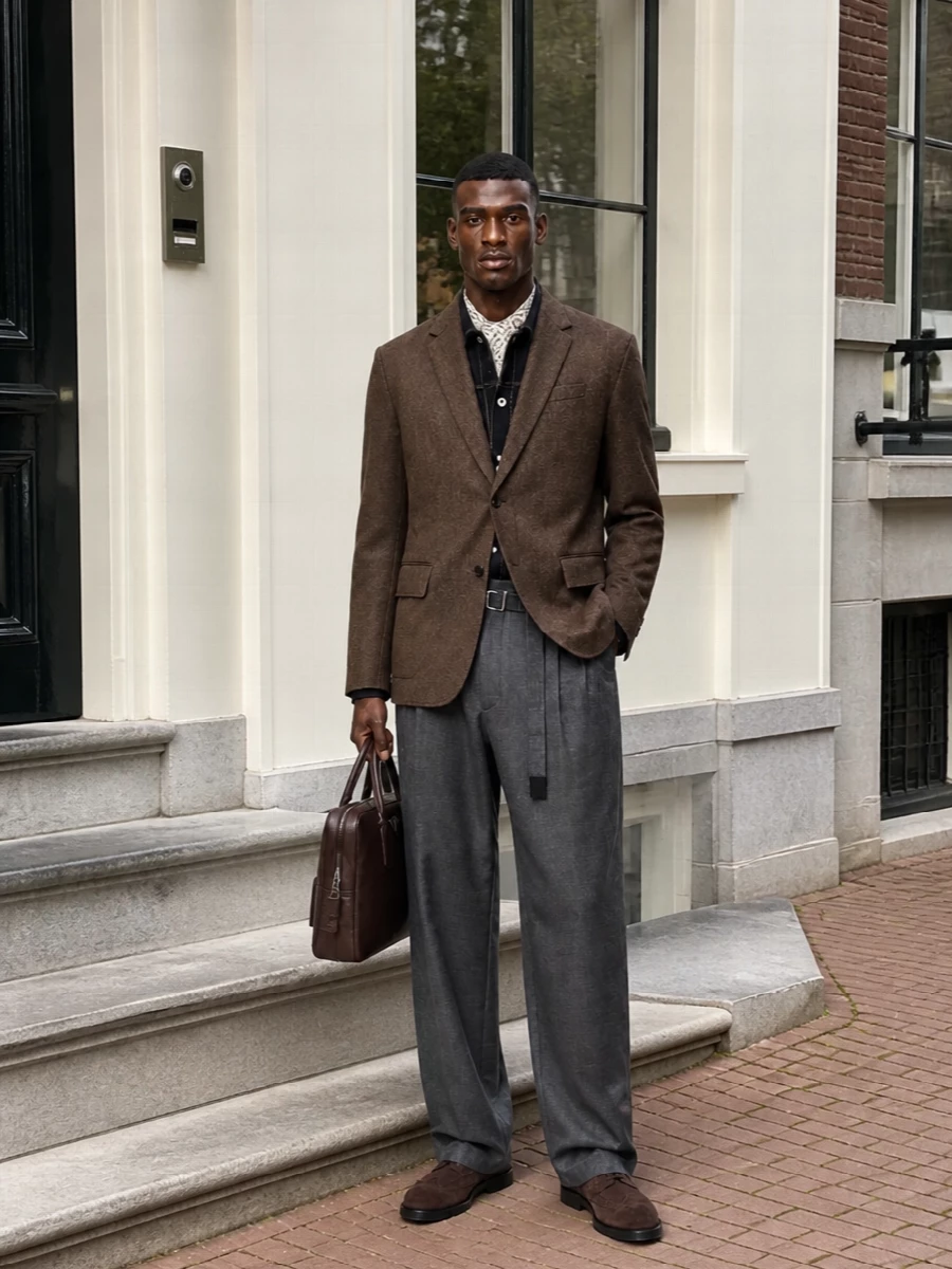 Sacai brown blazer charcoal trousers prada bag