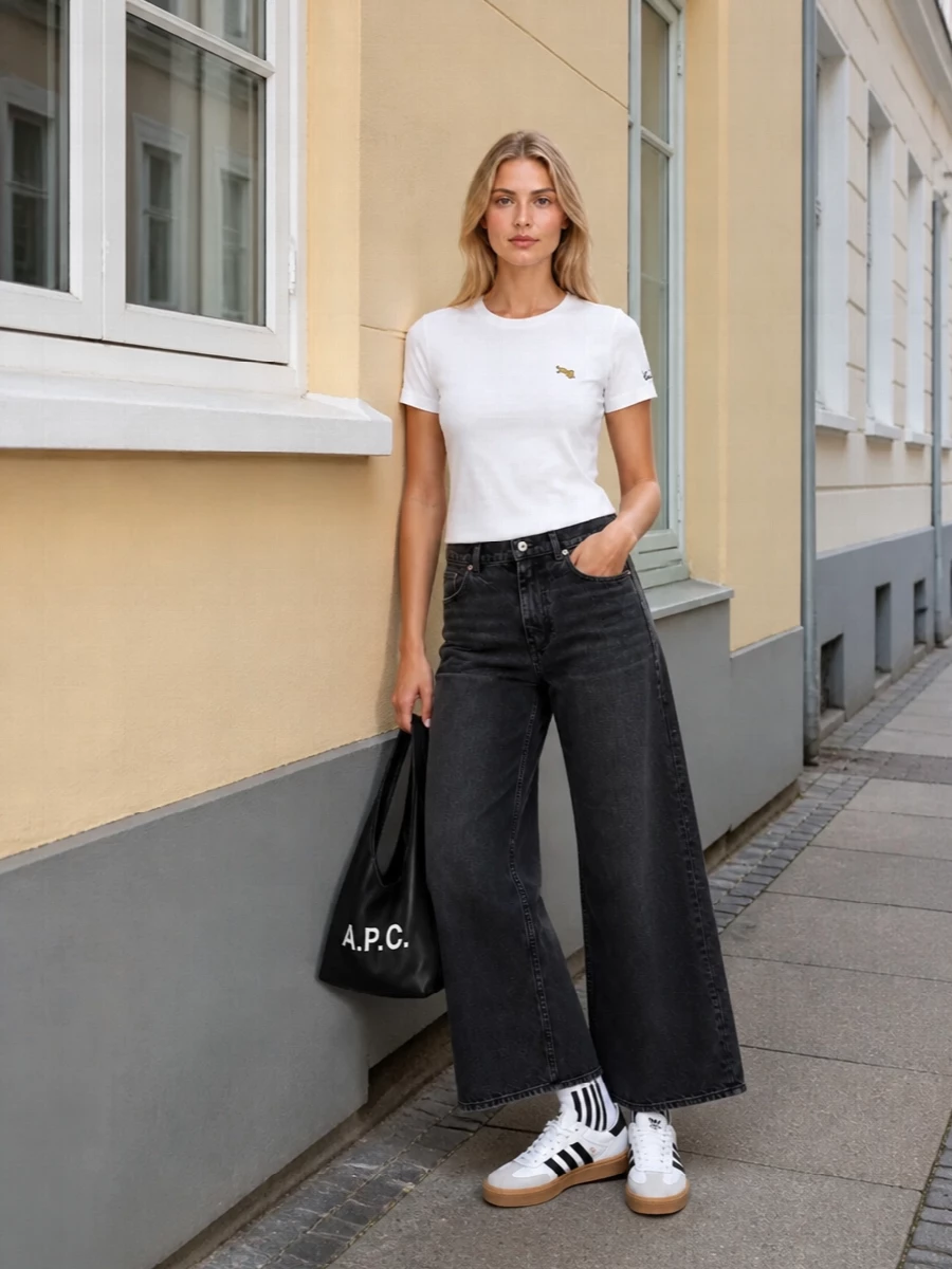 Kenzo wide leg jeans adidas sneakers outfit