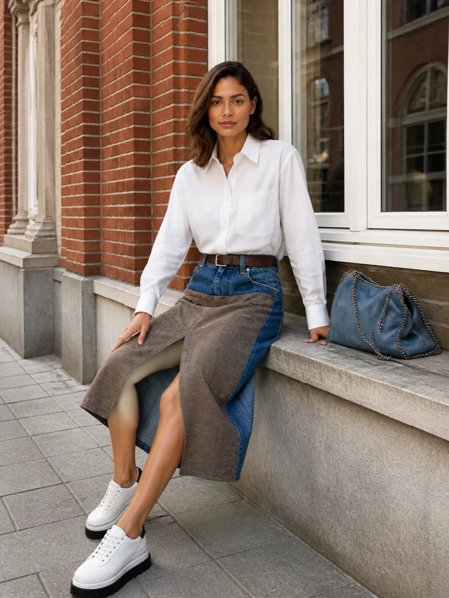 Stella mccartney denim midi skirt white shirt outfit