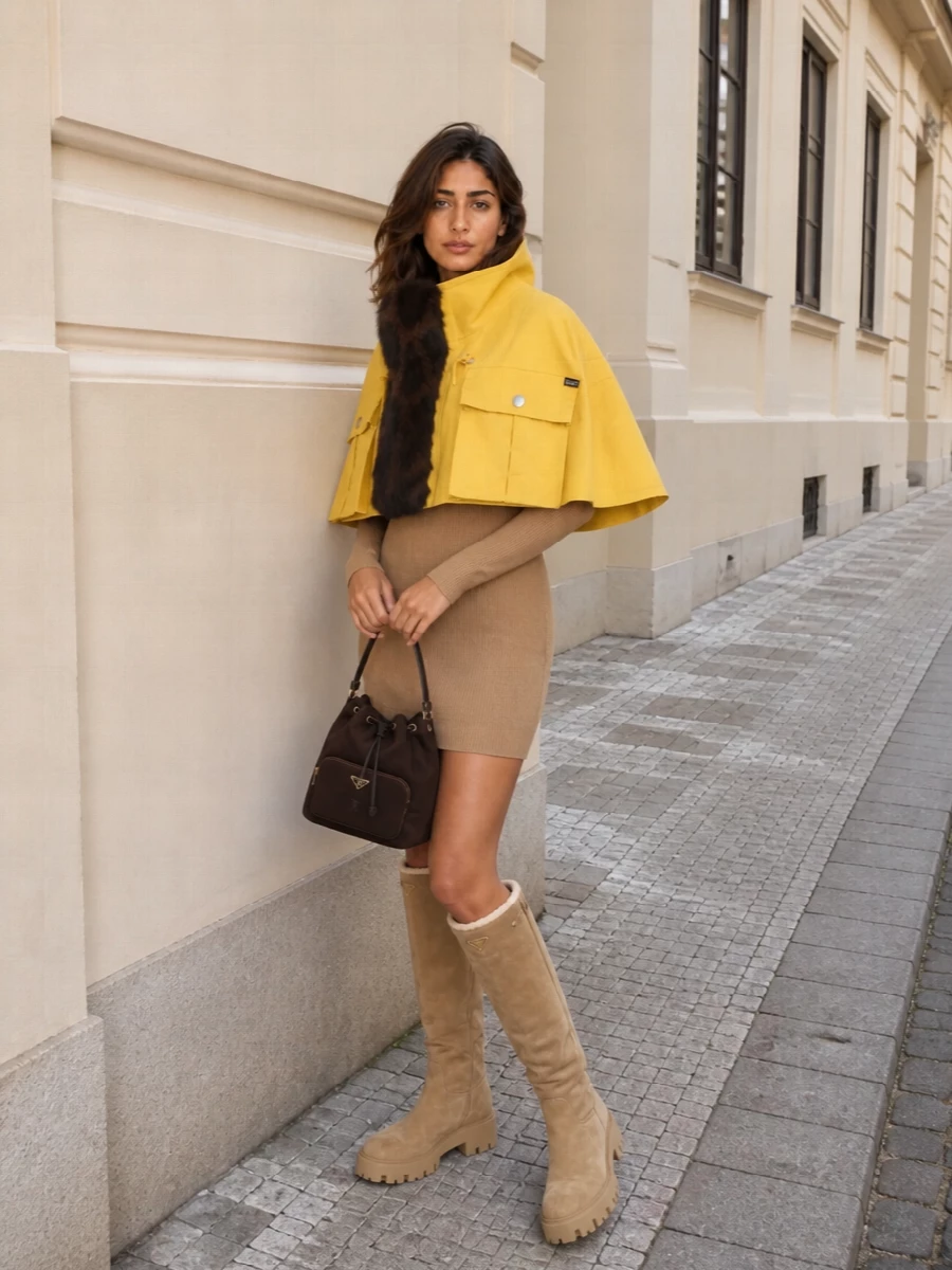 Prada yellow cape camel knit dress outfit