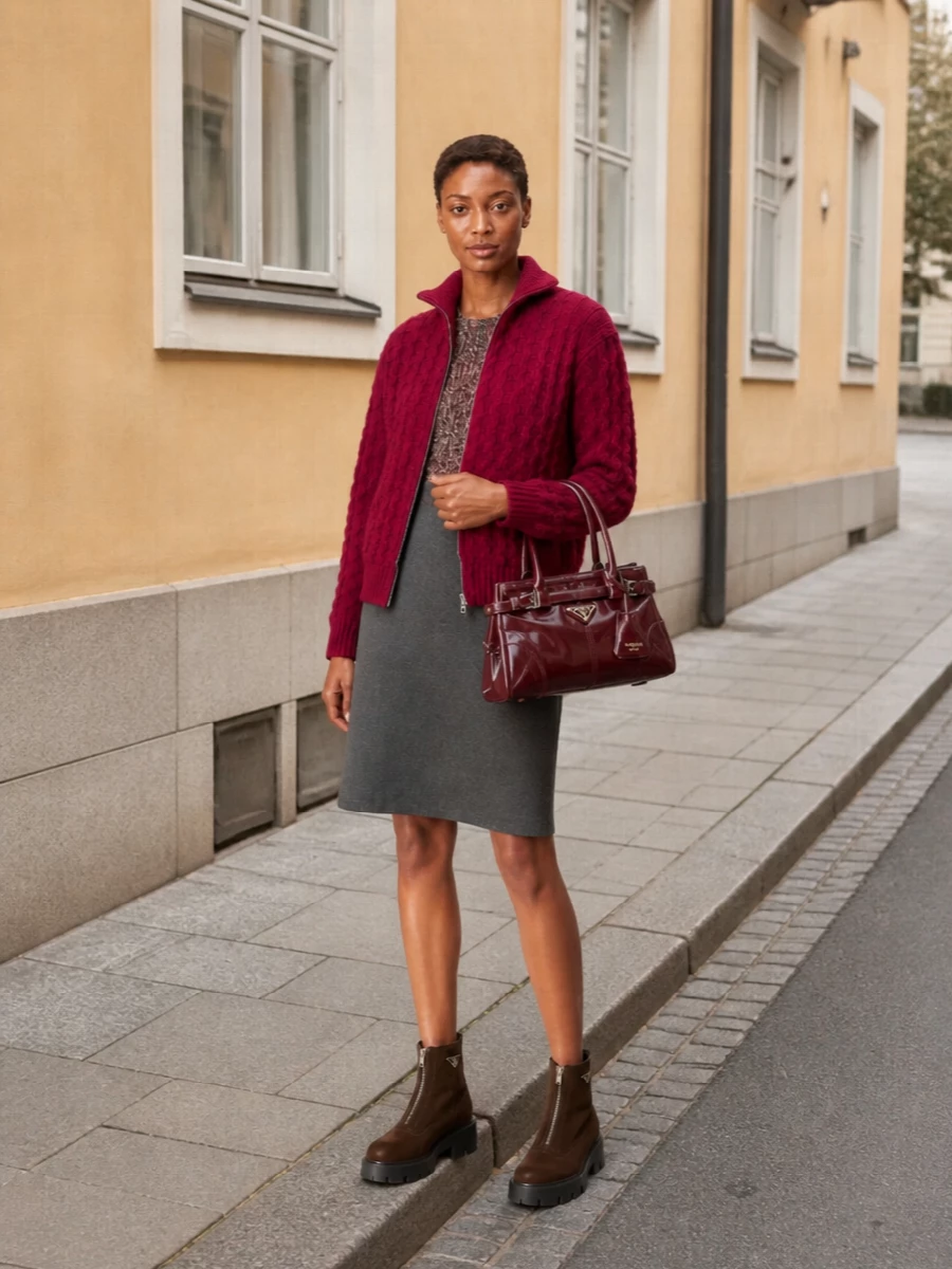 Prada raspberry jacket a line dress outfit