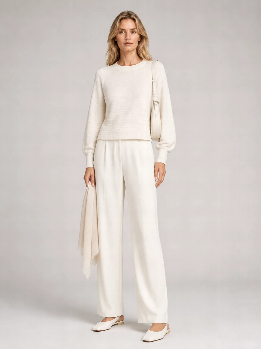 An ivory-on-ivory column keeps the focus on texture and line, from the softly structured knit through to the fluid wide-leg trouser. The flat slingback and crescent bag stay quietly architectural, adding definition without disturbing the calm palette. A gauzy blush-toned scarf introduces the lightest hint of warmth, perfect for city days that blur into dinner.