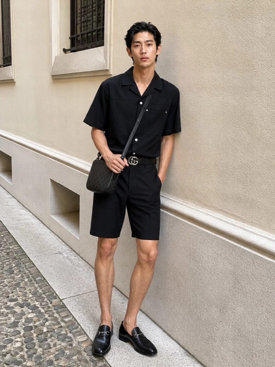 Gucci black camp shirt bermuda loafers outfit