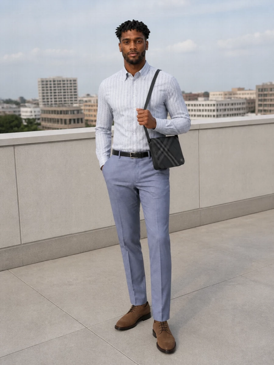 Etro striped shirt blue tailored trousers outfit