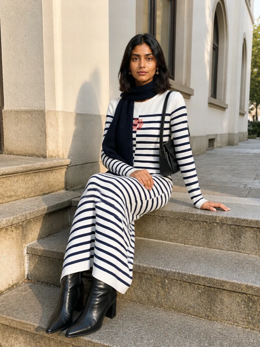 Gaultier striped knit dress black ankle boots