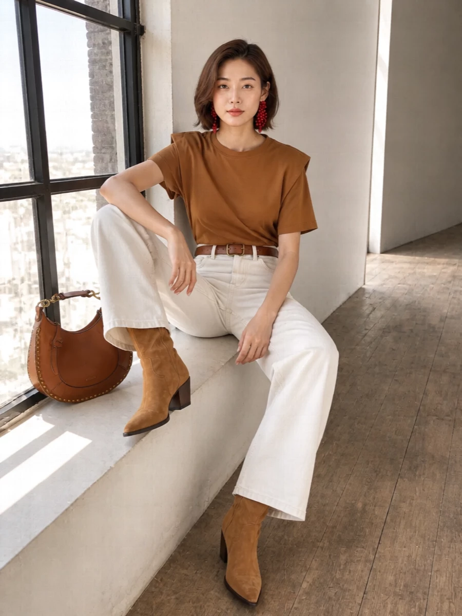 Burnt caramel, ivory and cognac sit together in a warm, tonal story that feels relaxed but intentional. Strong shoulders meet a high, softly cinched waist and long, wide leg for that modern Marant line. Western inflections in the suede boots and studded leather keep it grounded and a little boho without losing its minimalist clarity.