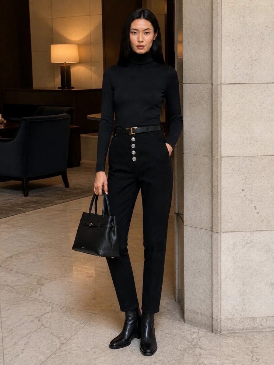A pure black base keeps this outfit calm and considered, letting the high waist and tapered leg do the work. The slim turtleneck and low-heel ankle boots elongate the line without feeling severe, while a structured top-handle bag and neat belt add just enough definition for office-to-dinner days.