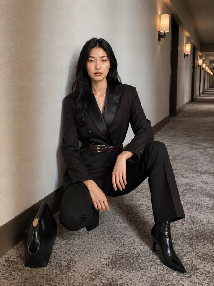 Attico brown trousers tuxedo blazer outfit